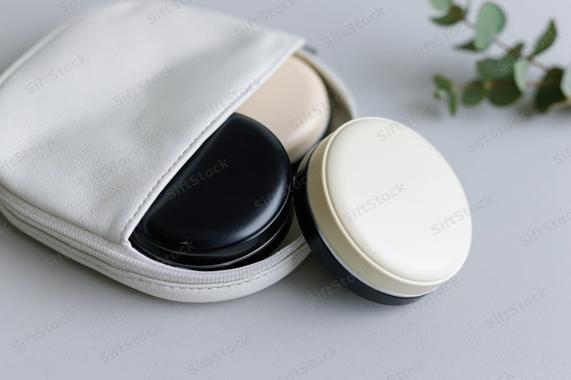 White luxury cosmetics pouch open with round compacts on flat surface