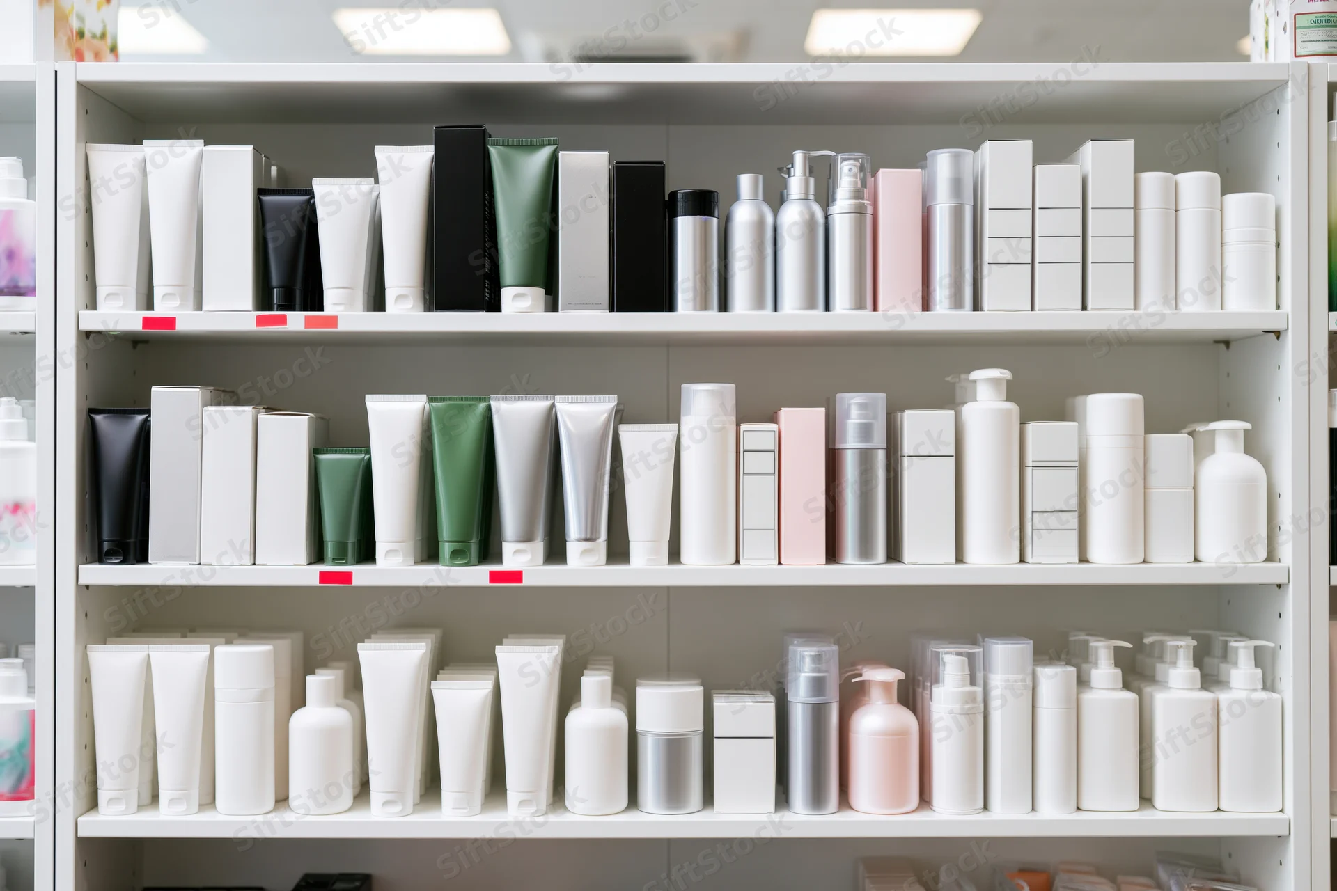 White retail shelves stocked with skincare and cosmetic products in various bottles and tubes