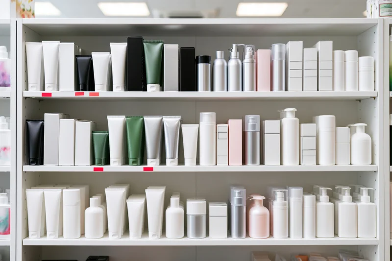White retail shelves stocked with skincare and cosmetic products in various bottles and tubes