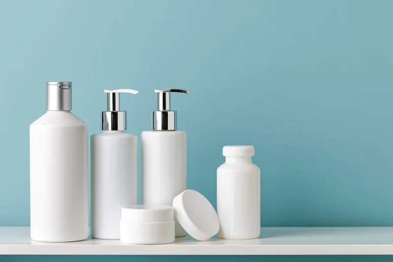 White skincare bottles and jars arranged on a shelf against a blue background