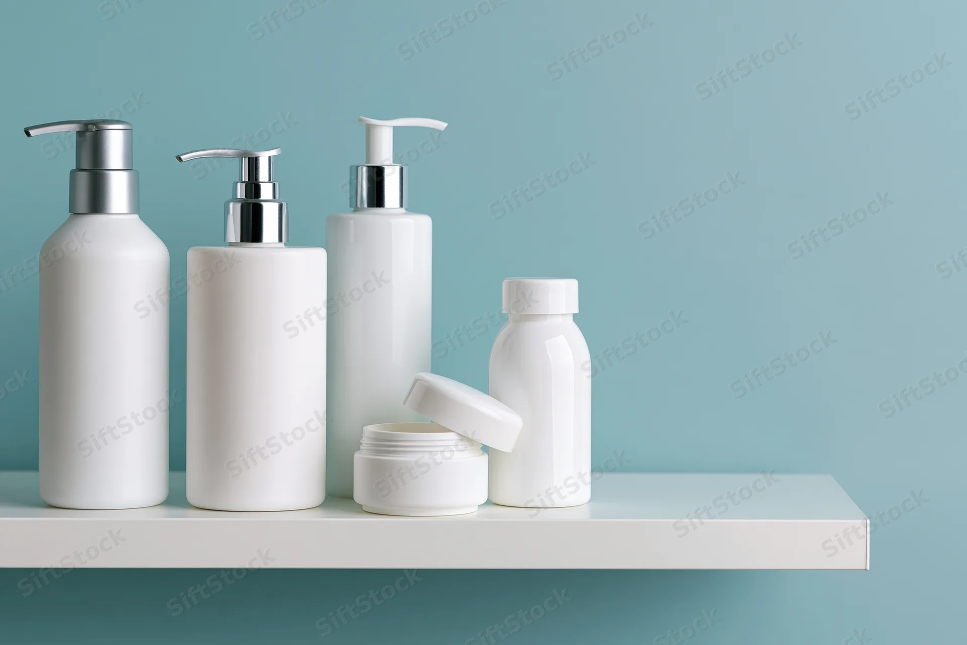 White skincare bottles and jar arranged on a shelf against a teal background