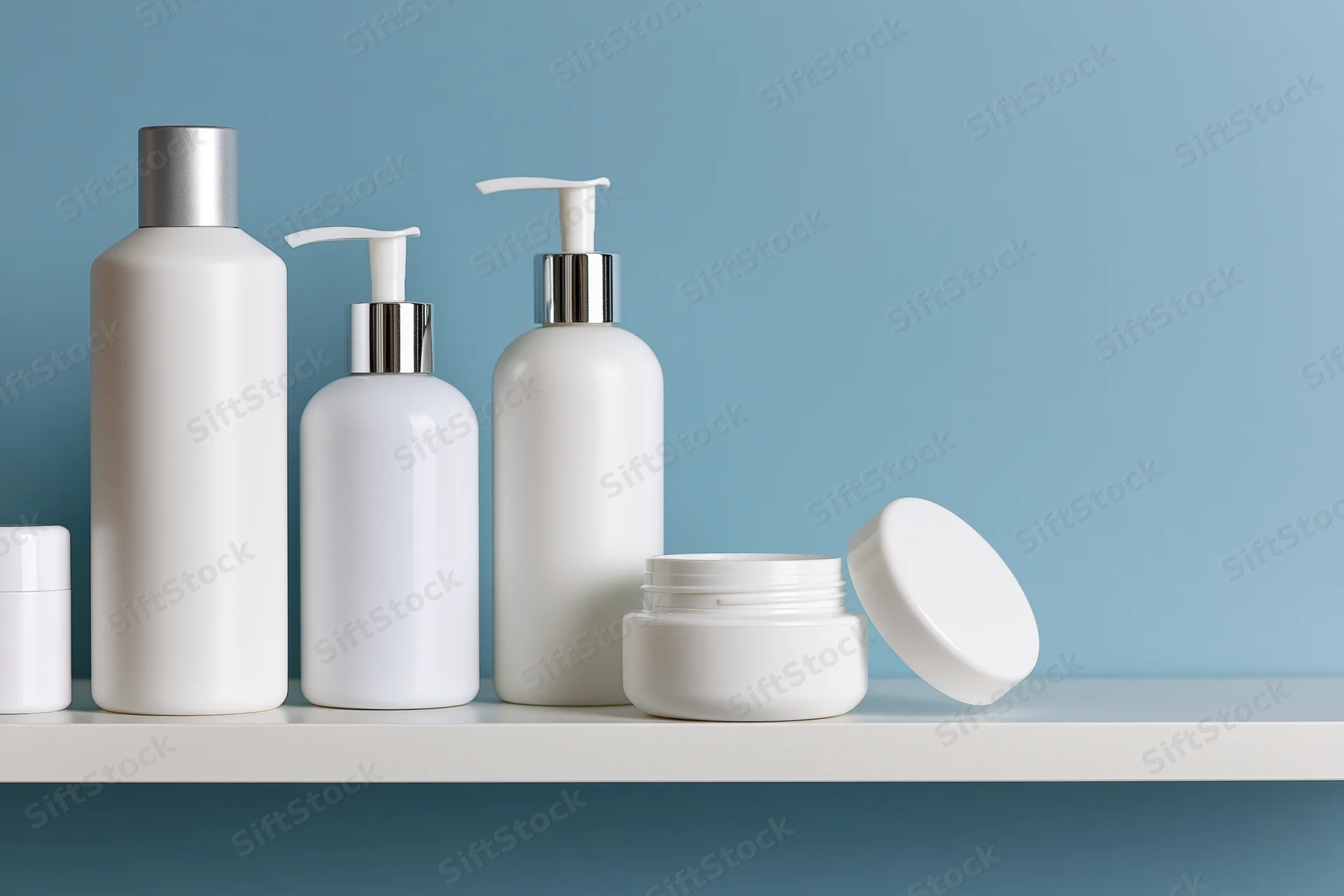 White skincare bottles and jars arranged on a shelf against a blue background