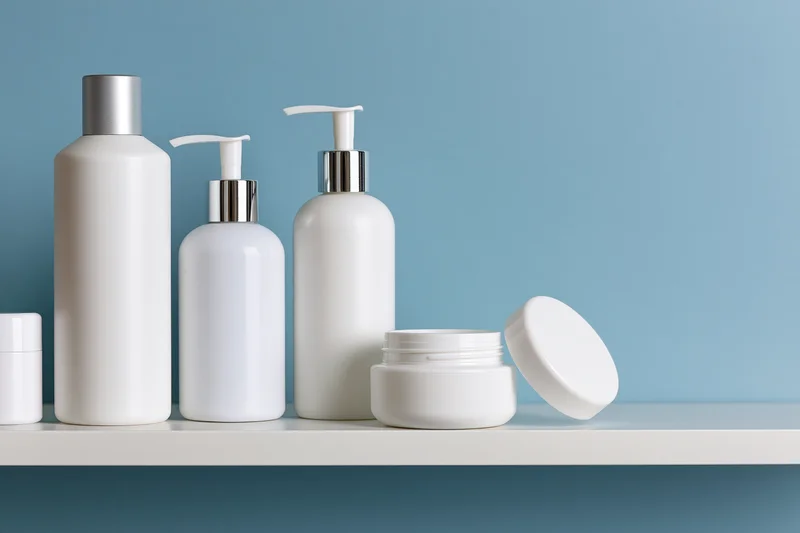 White skincare bottles and jars arranged on a shelf against a blue background
