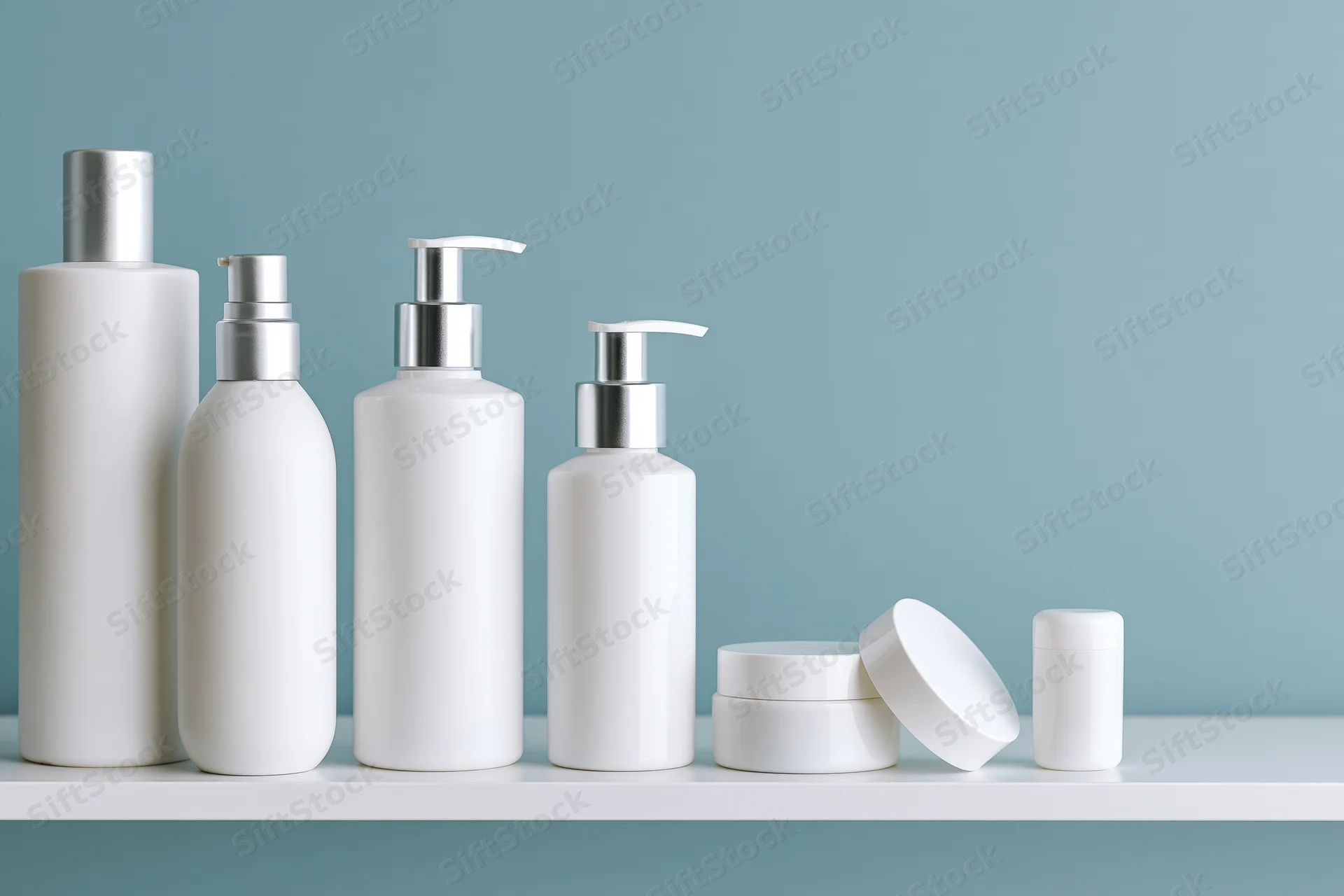 White skincare bottles and jars arranged on a shelf with copyspace