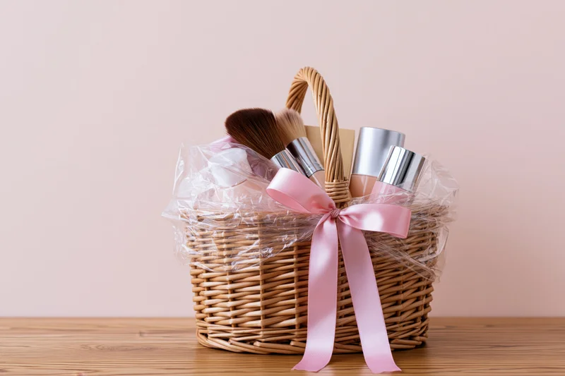 Wicker gift basket filled with cosmetics and makeup brushes tied with pink ribbon on wooden table
