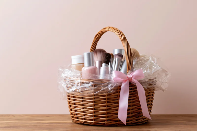 Wicker gift basket filled with cosmetics and makeup brushes tied with pink ribbon on wooden table