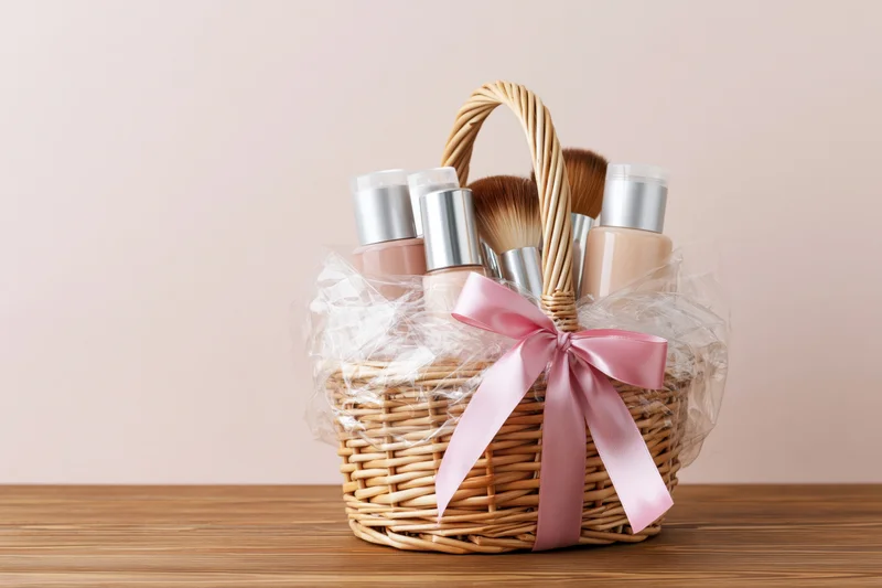 Wicker gift basket filled with cosmetic bottles and makeup brushes tied with pink ribbon on wooden table