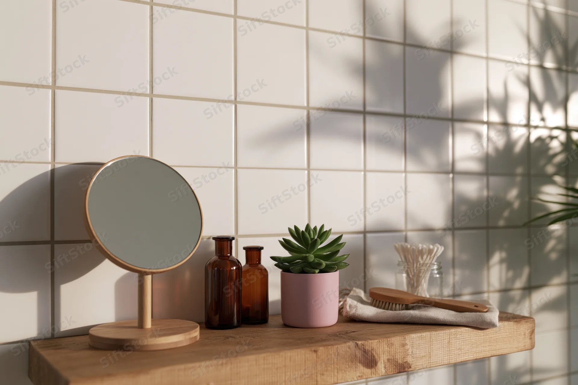 Wooden bathroom shelf with round mirror, amber bottles, succulent plant, and grooming tools against tiled wall