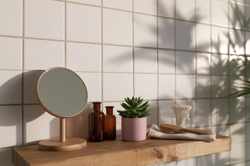 Wooden bathroom shelf with round mirror, amber bottles, succulent plant, and grooming tools against tiled wall
