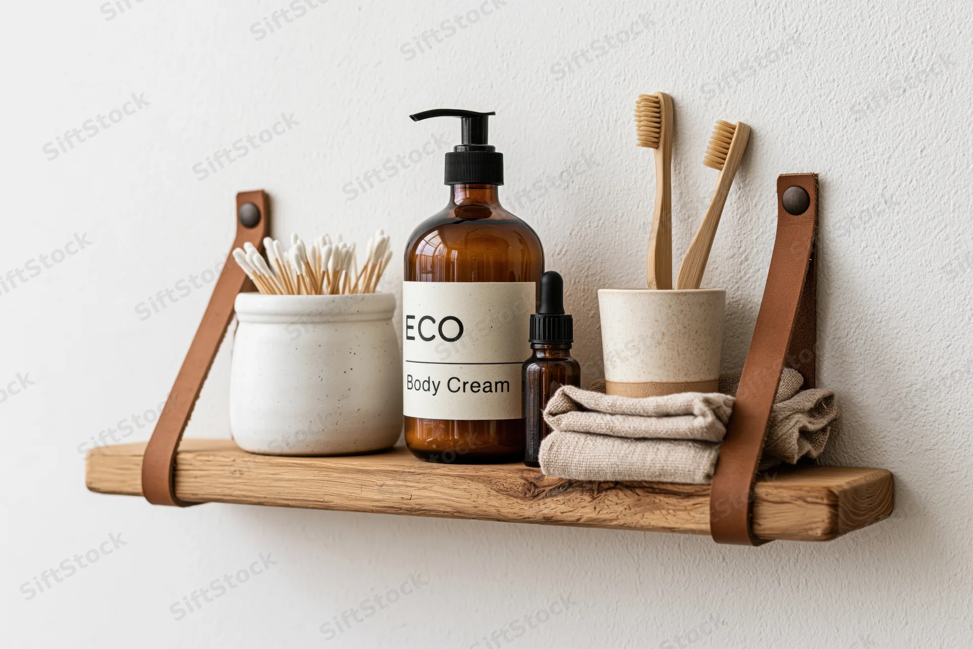 Wooden shelf with eco-friendly toiletries arranged on a white textured wall