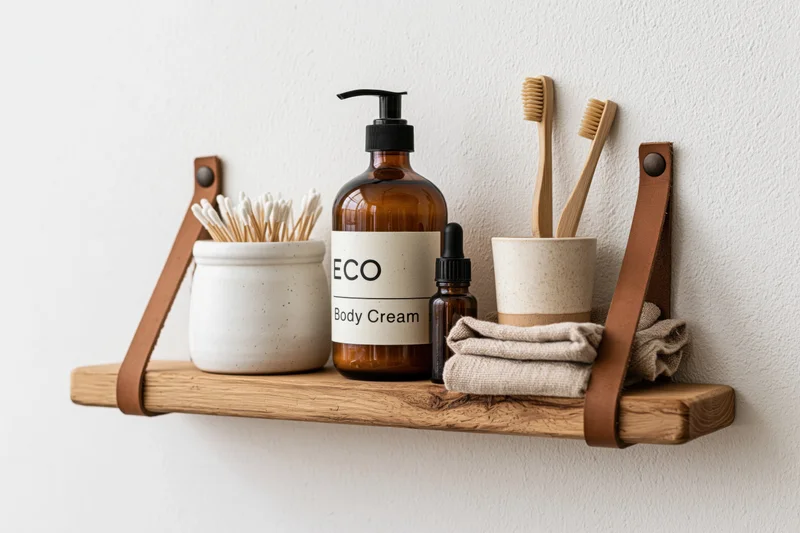 Wooden shelf with eco-friendly toiletries arranged on a white textured wall