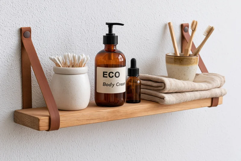 Wooden shelf mounted on white textured wall holding eco-friendly bathroom products and towels
