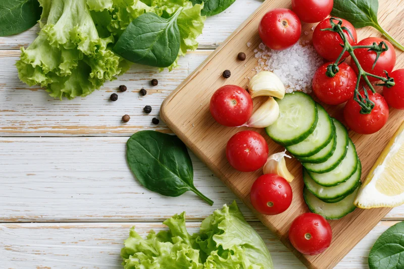 Fresh vegetables arranged on a wooden cutting board with herbs and spices for salad preparation