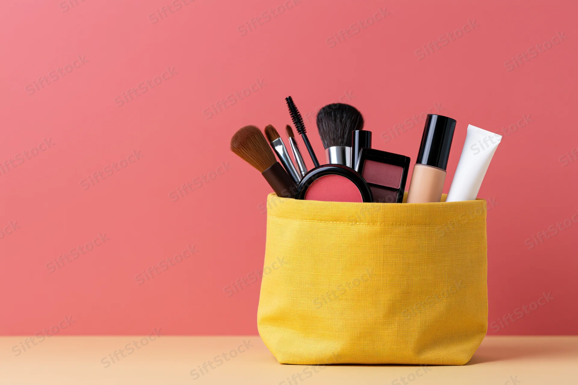 Yellow fabric pouch filled with makeup products on a pink background
