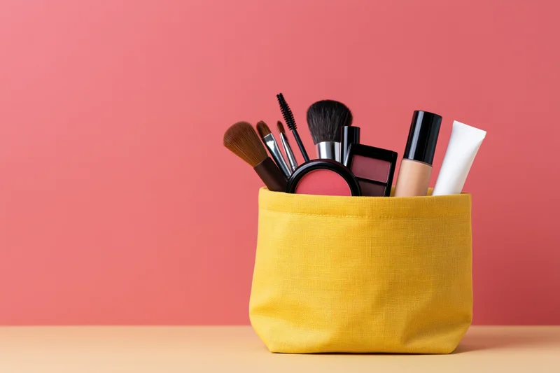 Yellow fabric pouch filled with makeup products on a pink background