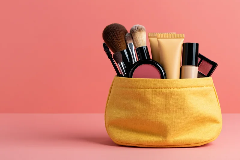 Yellow fabric cosmetics pouch overflowing with makeup products on pink background