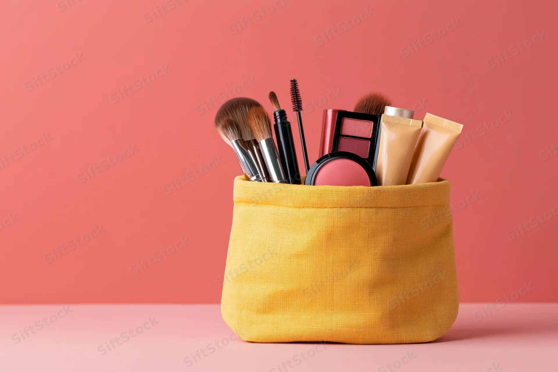 Yellow fabric cosmetics pouch overflowing with makeup products on pink surface
