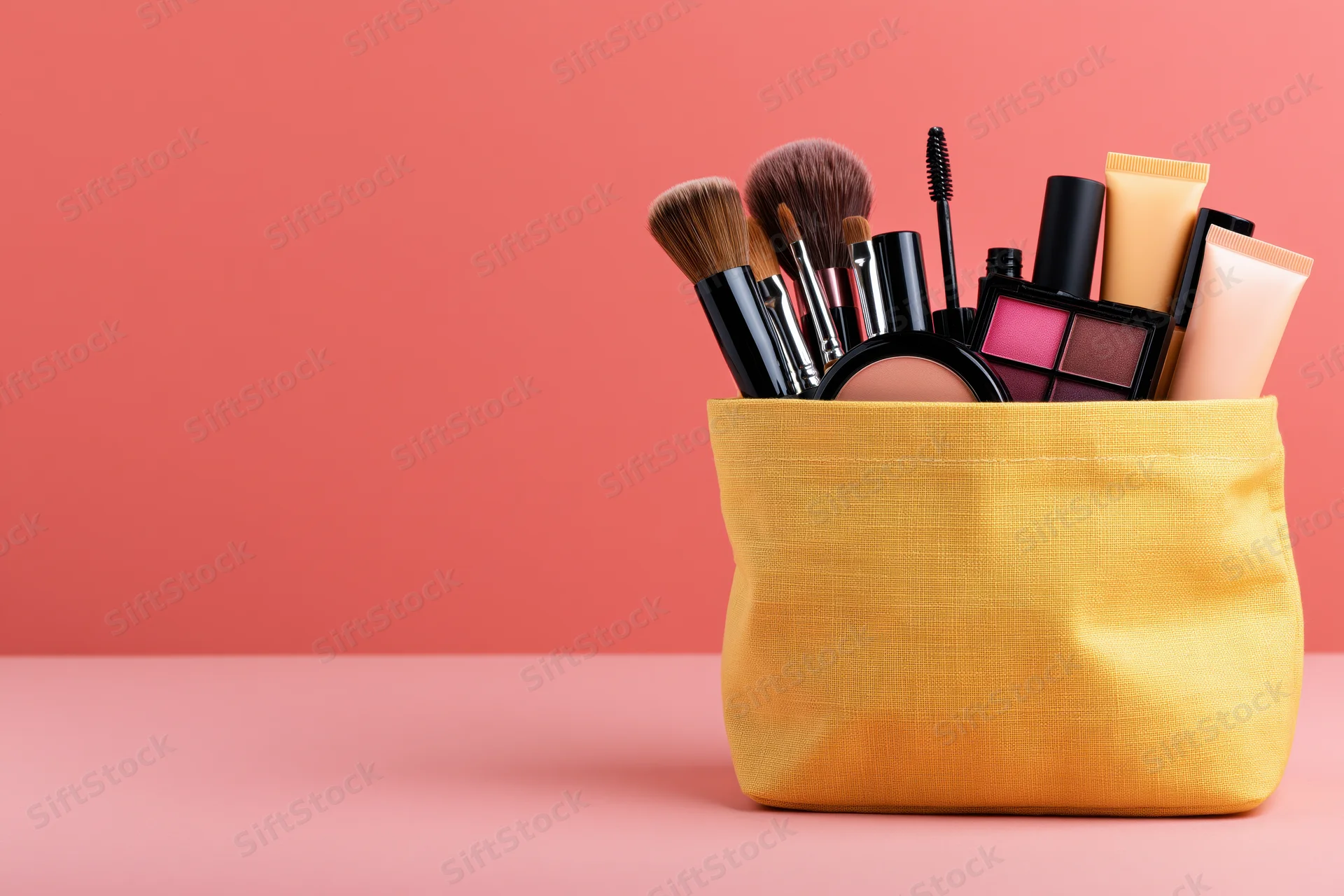 Yellow fabric cosmetics pouch overflowing with makeup products on pink background