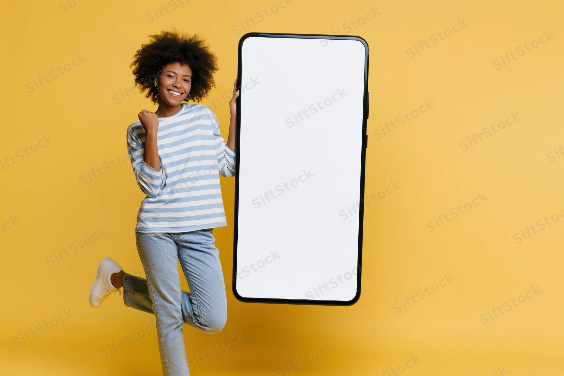 Young black woman smiling and celebrating while holding a large smartphone mockup against a yellow studio background