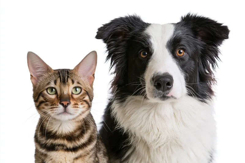 Bengal cat and border collie sitting side by side in studio portrait against white background