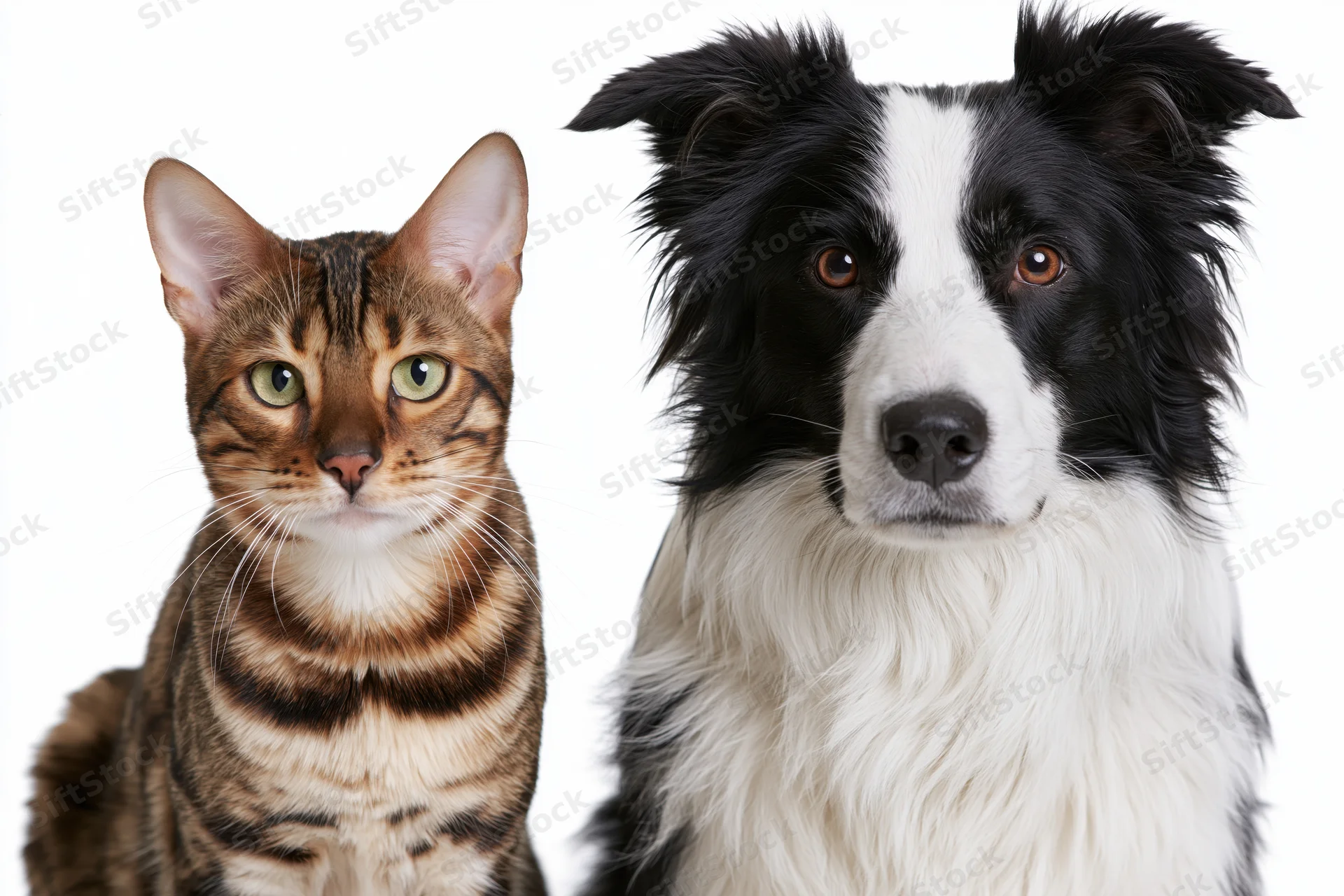Bengal cat and border collie sitting side by side in studio portrait against white background