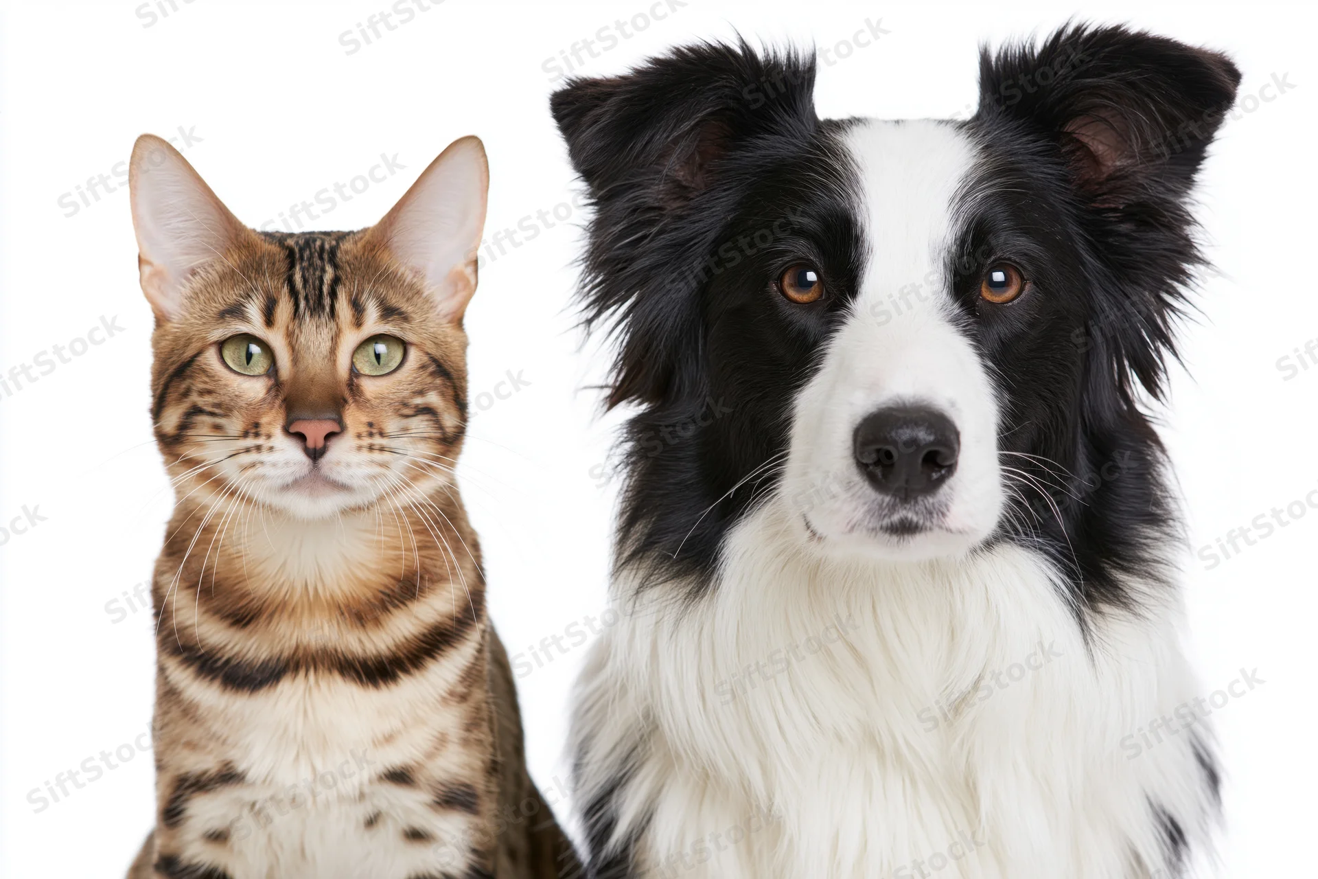 Bengal cat and border collie sitting side by side in studio portrait against white background