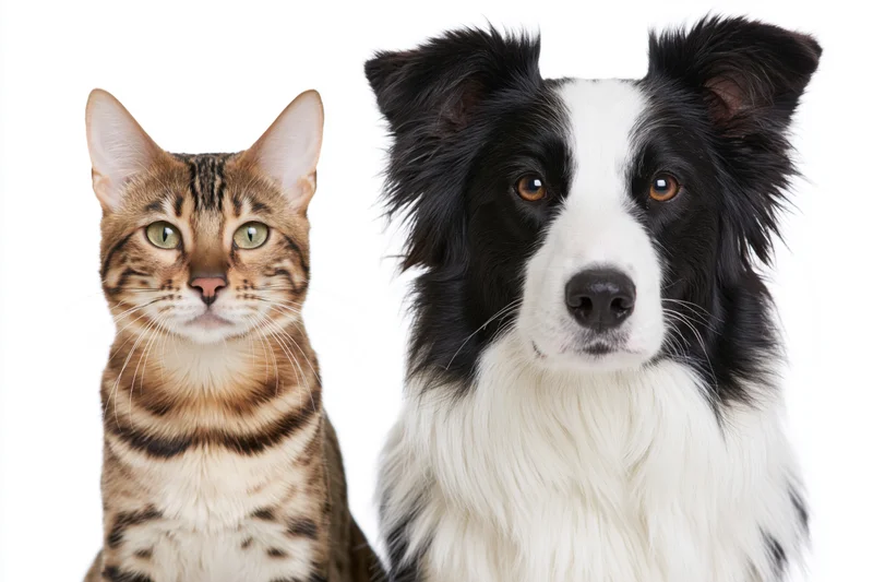 Bengal cat and black-and-white Border Collie sitting side by