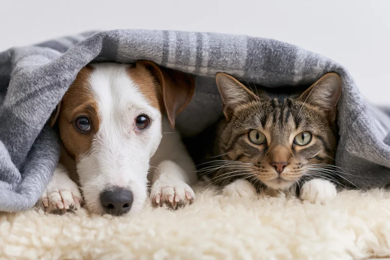 Jack russell terrier and tabby cat peeking from under a gray striped blanket on a fluffy white rug