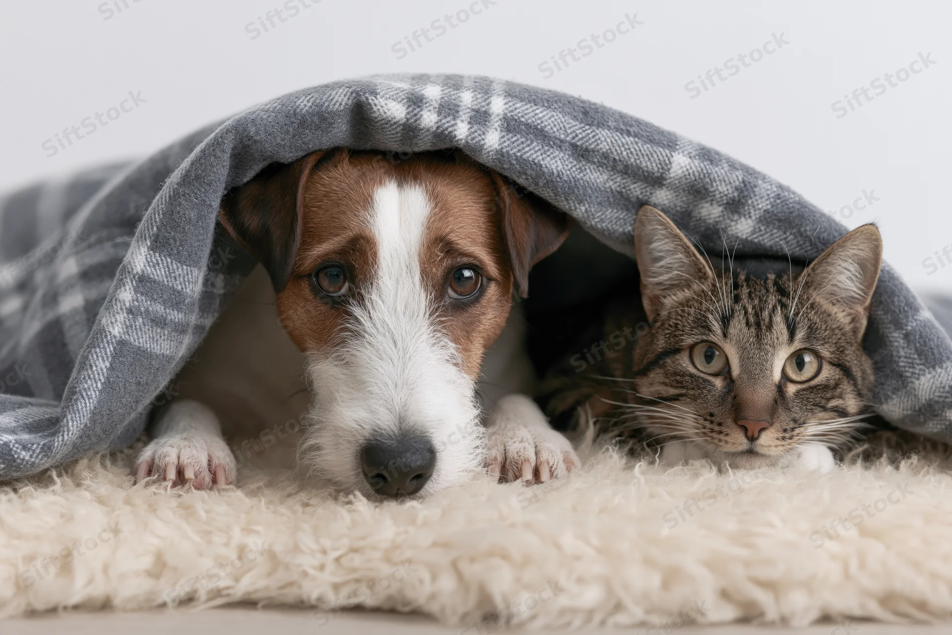 Jack russell terrier and tabby cat huddled under plaid blanket on fluffy rug