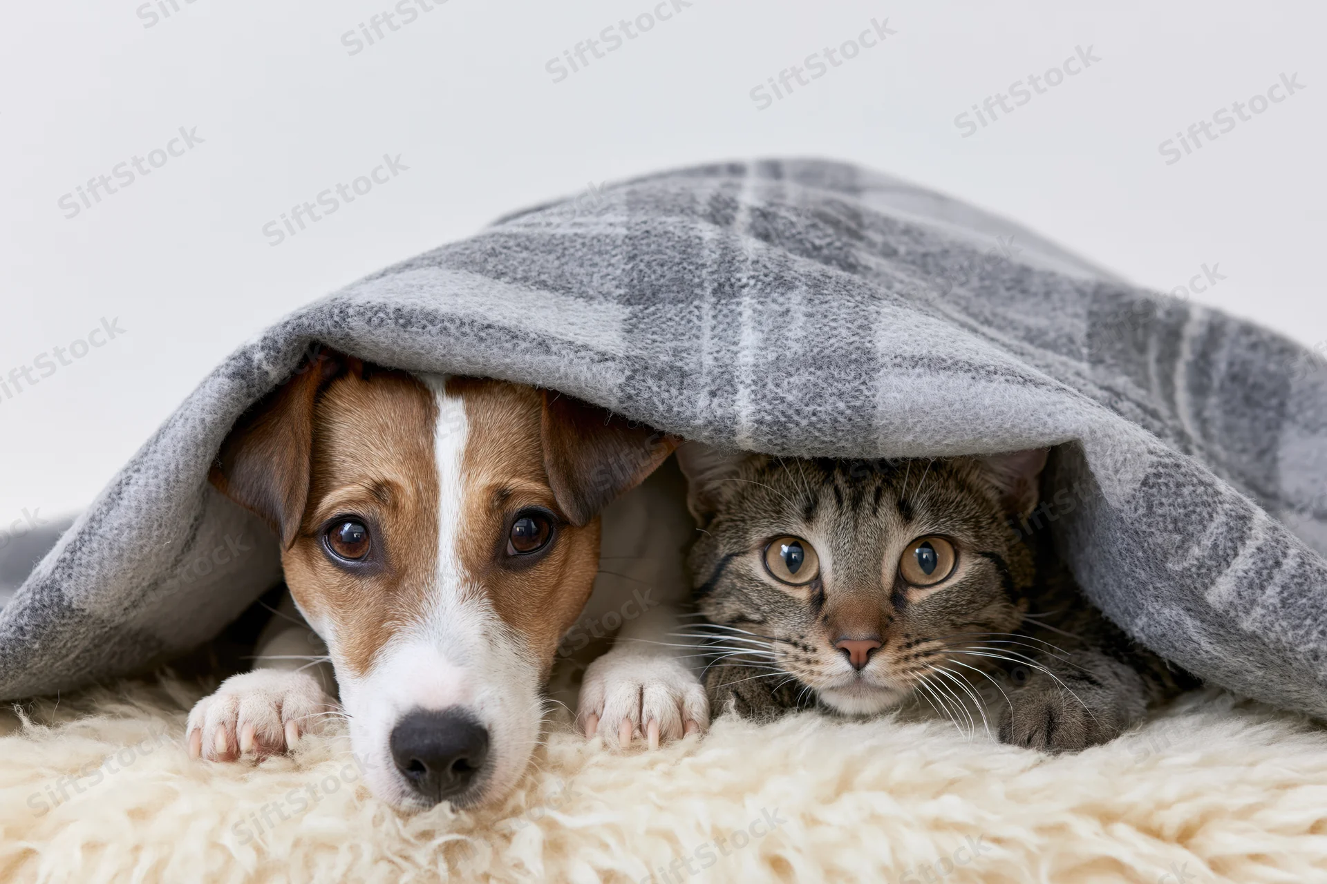 Dog and cat huddled under a plaid blanket on a fluffy rug