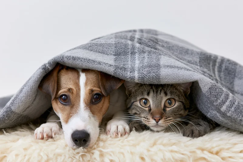 Dog and cat huddled under a plaid blanket on a fluffy rug