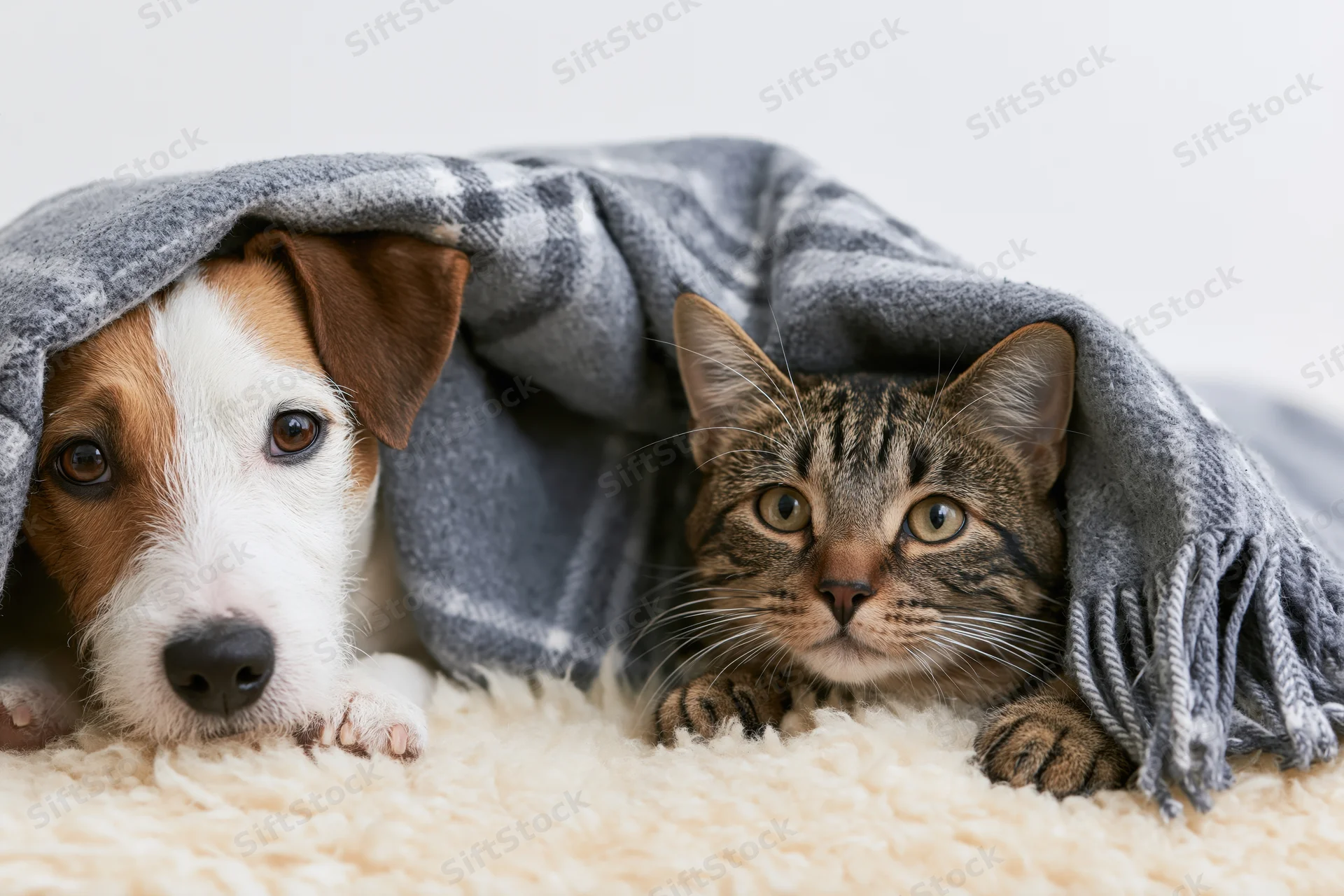 Dog and cat huddled together under a gray blanket on a soft rug