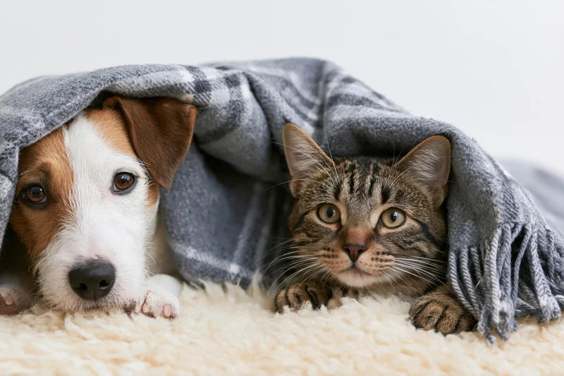 Dog and cat huddled together under a gray blanket on a soft rug