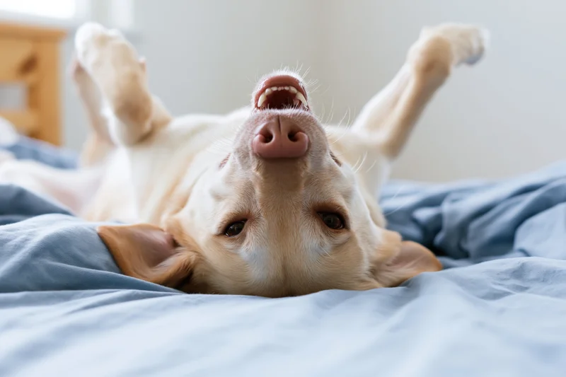 Dog lying upside down on bed with paws up and belly exposed