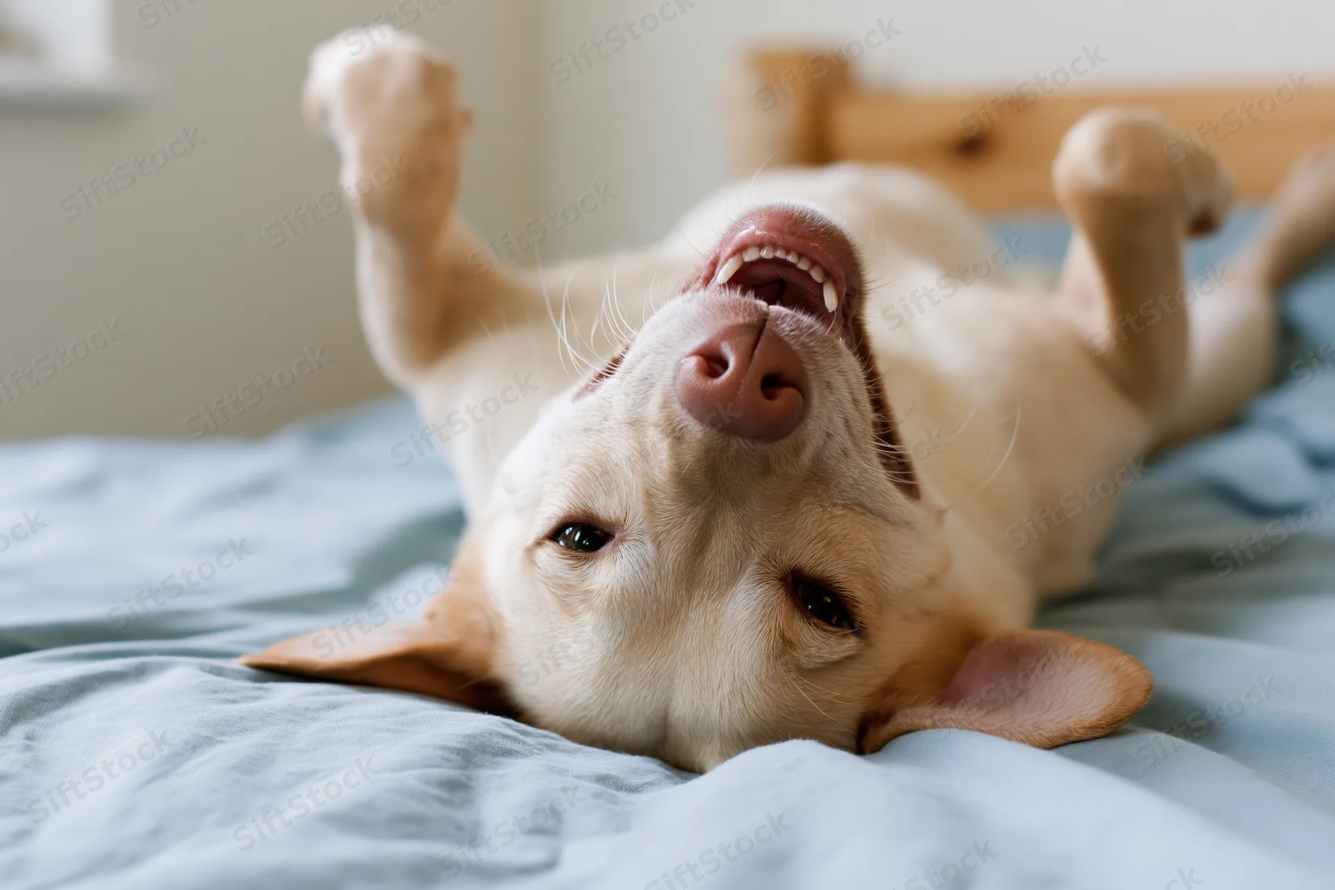 Dog lying upside down on bed with paws up and mouth open