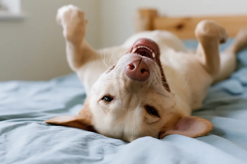 Dog lying upside down on bed with paws up and mouth open