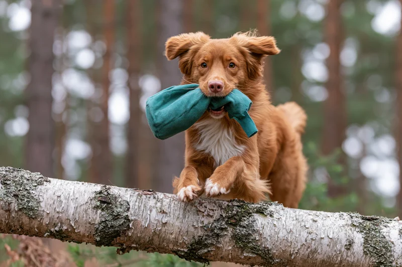 Nova scotia duck tolling retriever puppy leaping over a birch tree branch in a forest carrying a teal fabric toy