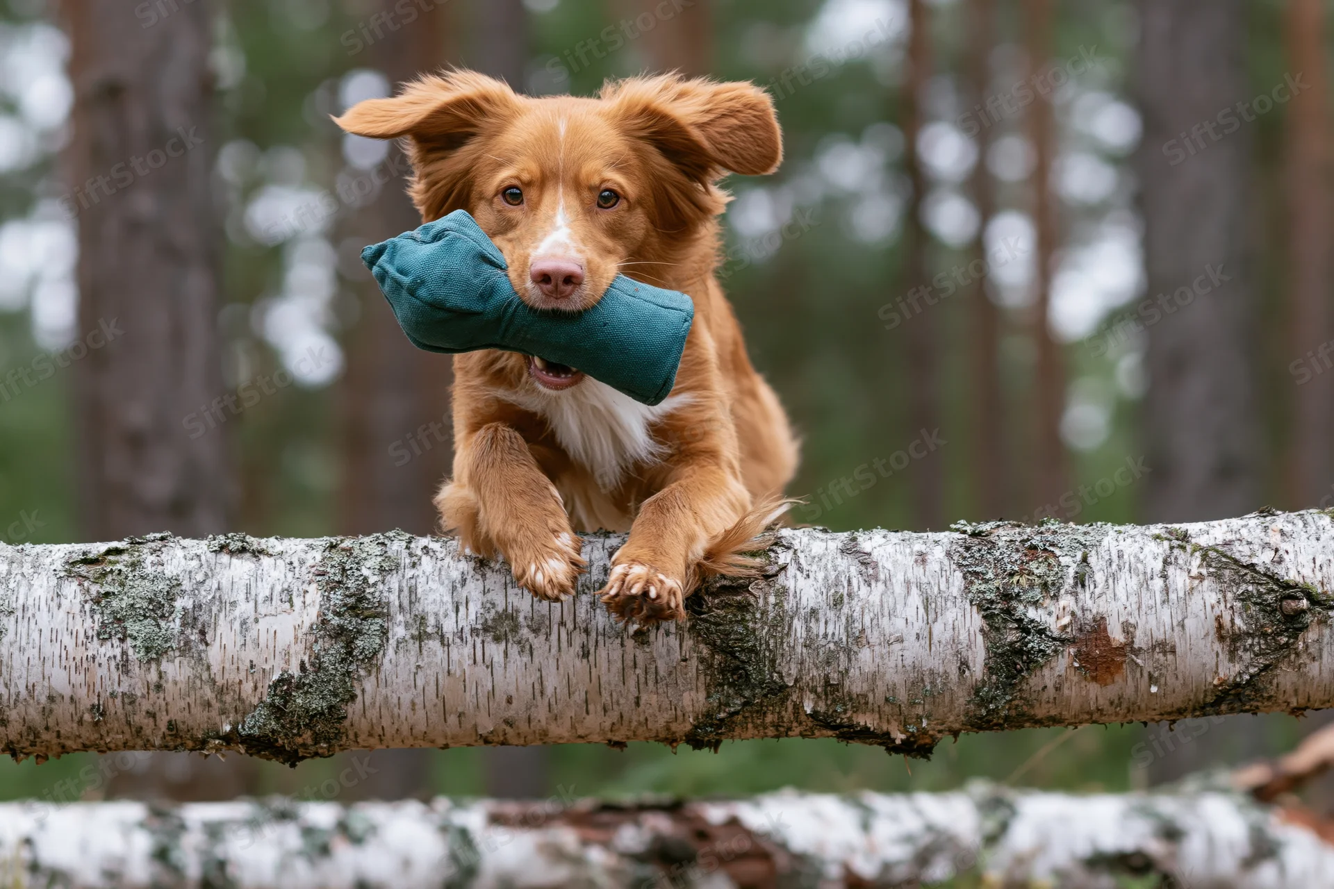 Nova scotia duck tolling retriever puppy mid-leap over birch log in forest holding toy in mouth