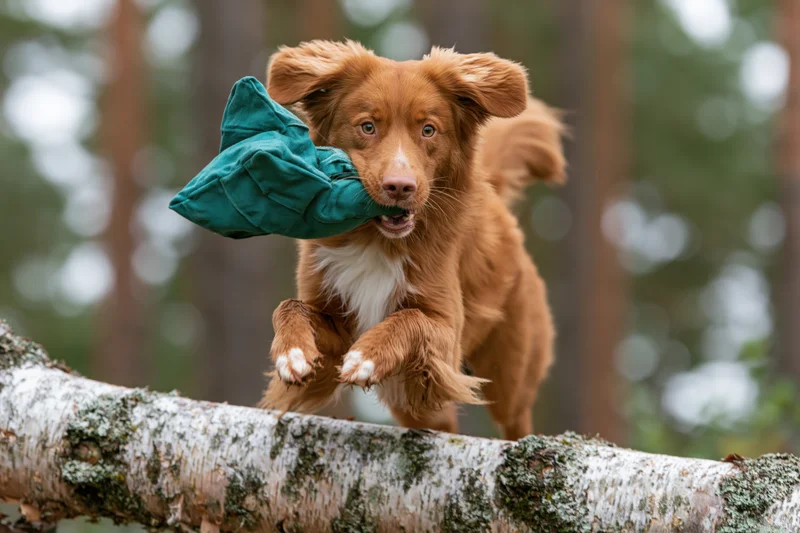 Nova scotia duck tolling retriever puppy leaping over birch tree trunk in forest carrying teal fabric toy