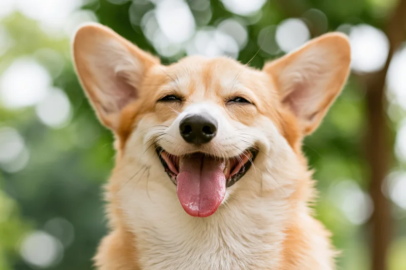Closeup of a happy pembroke welsh corgi with tongue out and squinting eyes outdoors