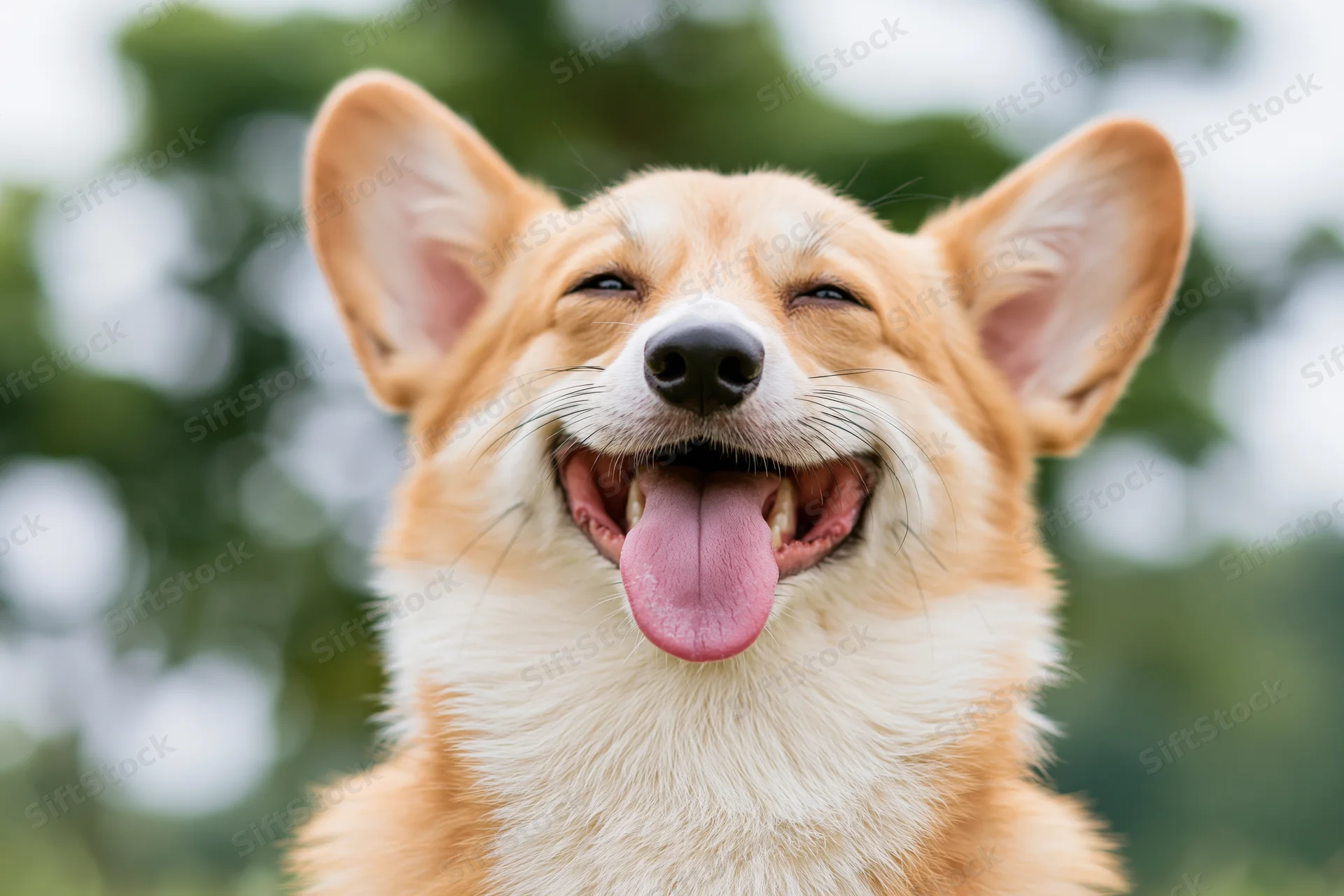Pembroke welsh corgi with open mouth and tongue out, squinting eyes, outdoors in green foliage