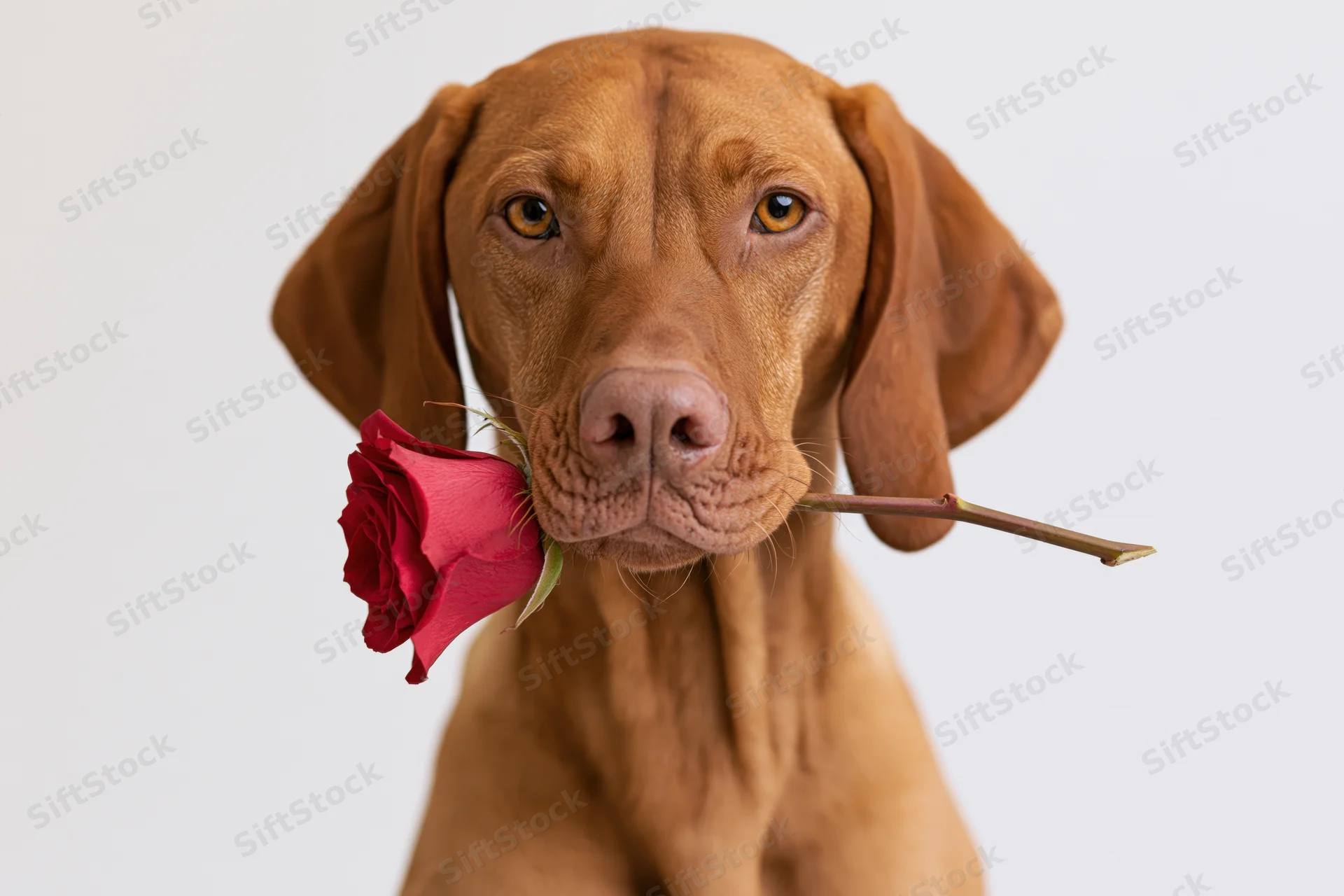 Vizsla dog holding red rose stem in its mouth against white background