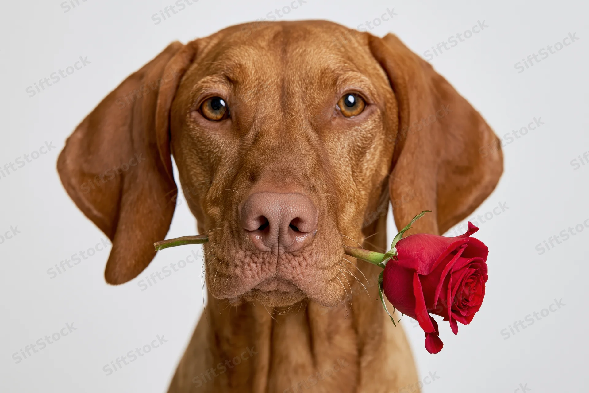 Vizsla dog holding red rose stem in its mouth against white background