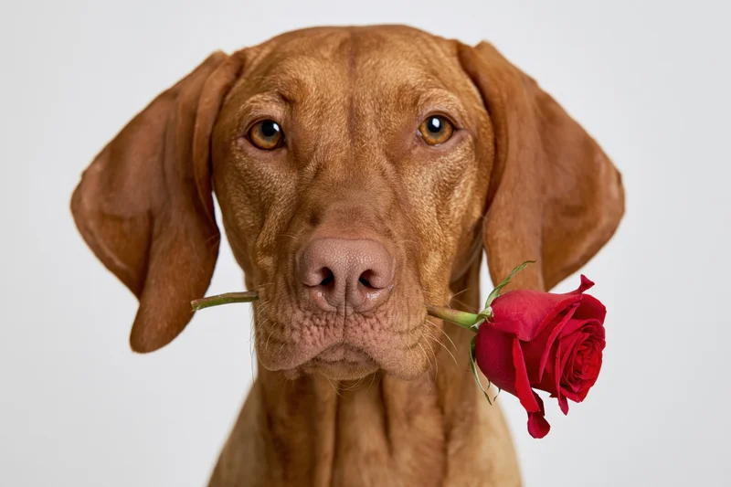 Vizsla dog holding red rose stem in its mouth against white background