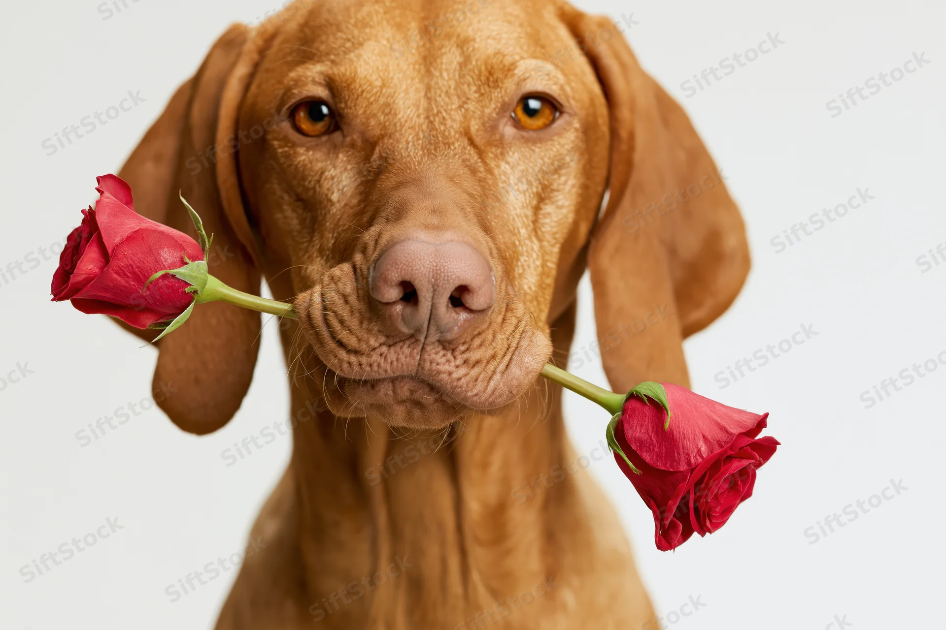 Vizsla dog holding red rose stem in its mouth against white background