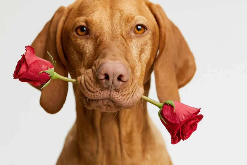 Vizsla dog holding red rose stem in its mouth against white background