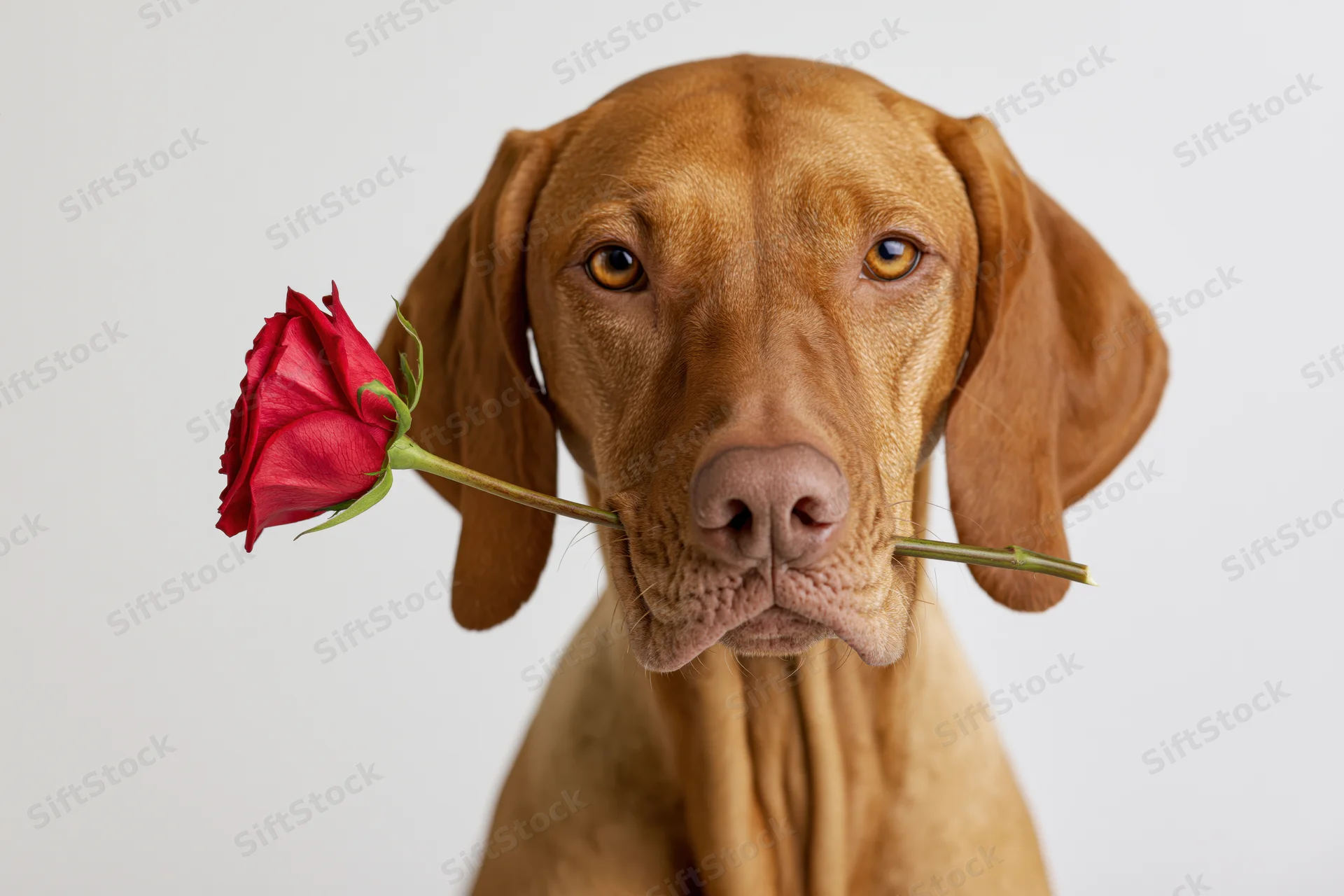 Vizsla dog holding red rose stem in its mouth against white background