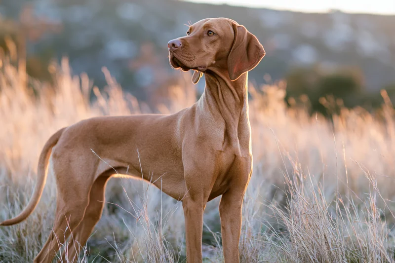 Vizsla dog standing alert in tall dry grass at golden hour