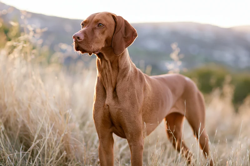 Vizsla dog standing alert in tall dry grass gazing to the side in a sunlit field