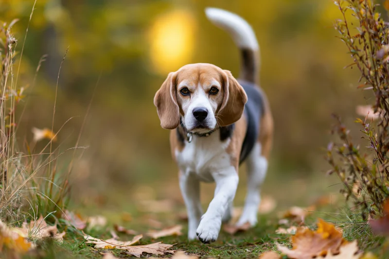 Beagle walking toward camera on grassy path covered in autumn leaves